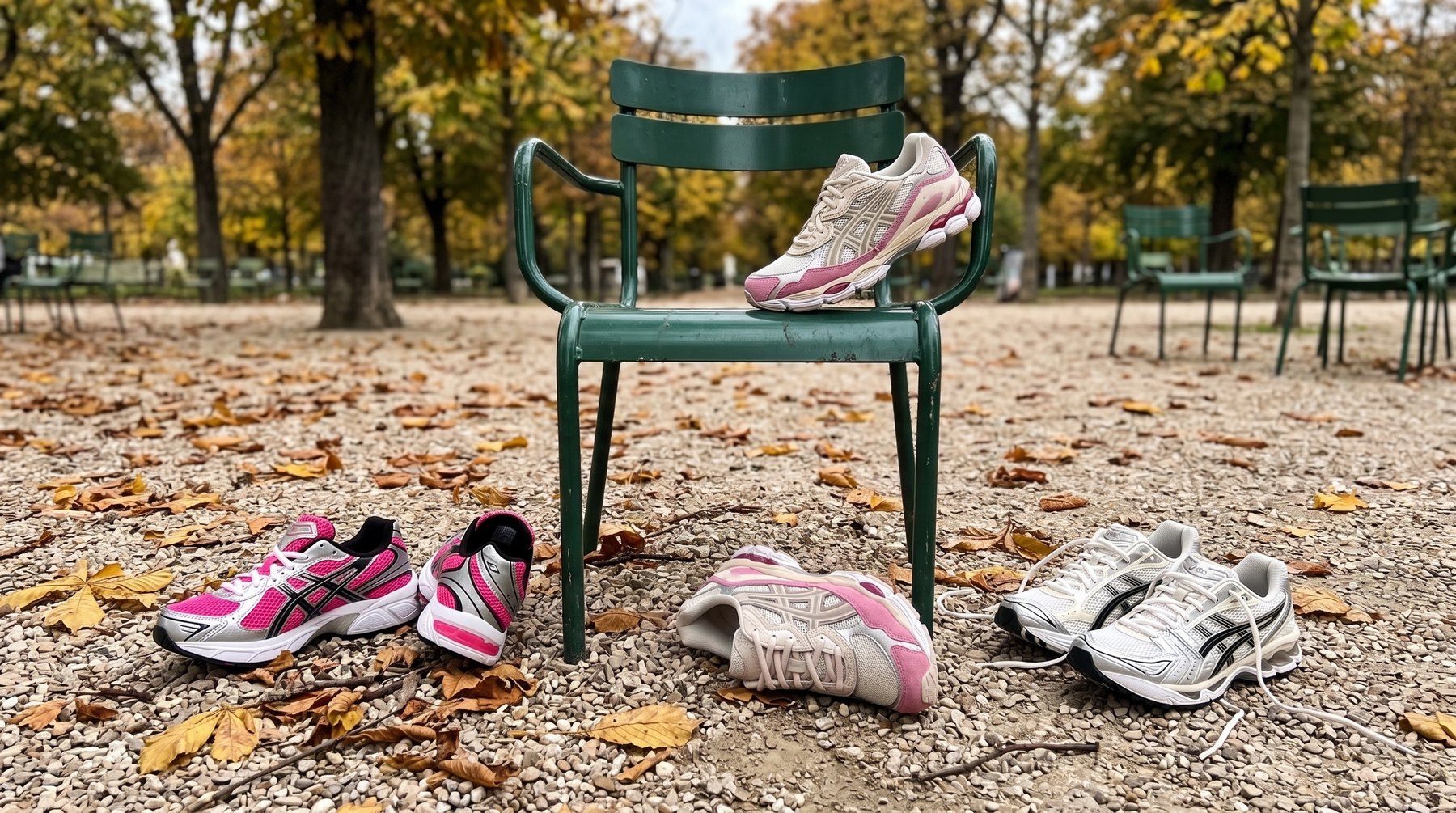 Asics Gel-1130, Gel-NYC et Gel-Kayano 14 posées autour d'une chaise du Jardin du Luxembourg en automne