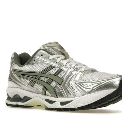 Asics Gel-Kayano 14 White Pure Silver Slate Grey Sage 1201A019-107, trois-quarts avant extérieur