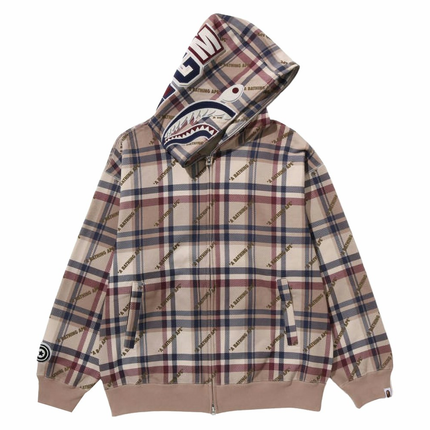 Bape Logo Check Pattern Shark Full Zip Hoodie Beige 1J80-115-052, vue principale