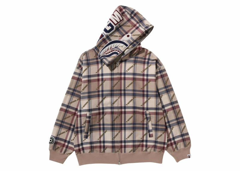 Bape Logo Check Pattern Shark Full Zip Hoodie Beige