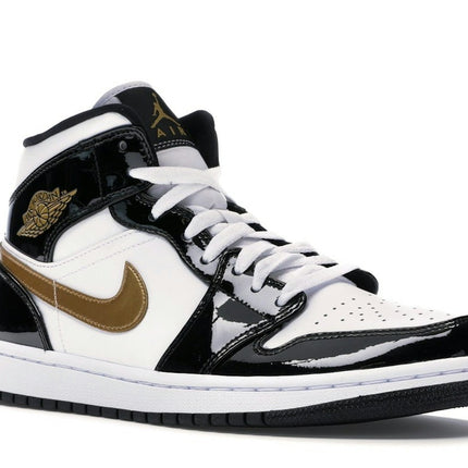 Air Jordan 1 Mid Patent Black White Gold 852542-007, trois-quarts avant extérieur