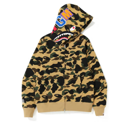 Bape 1st Camo Shark sudadera con capucha y cremallera, color amarillo brumoso