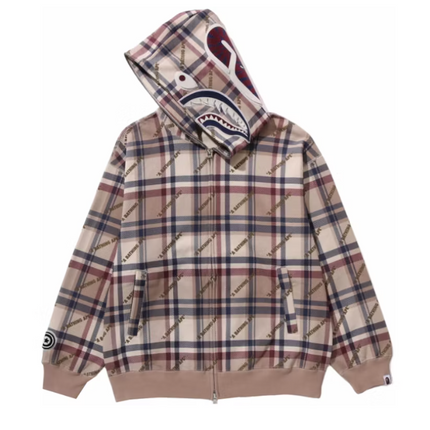 Bape Logo Check Pattern Shark Sudadera con capucha y cremallera completa Beige