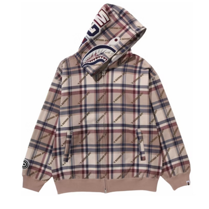 Bape Logo Check Pattern Shark Sudadera con capucha y cremallera completa Beige