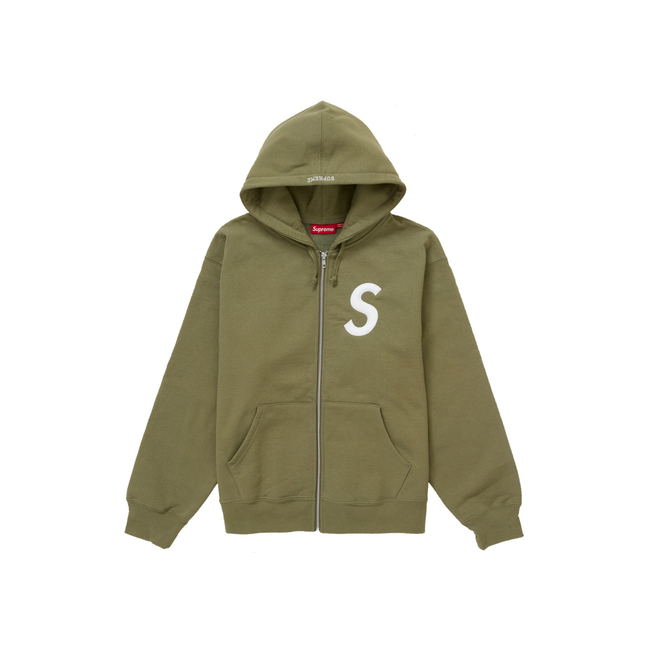 Supreme S Logo Zip Up Hooded Sweatshirt (FW24) Light Olive FW24SLOGOHOODIEOLIVE, vue principale