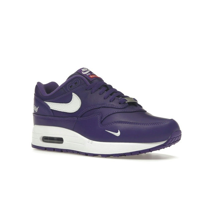 Nike Air Max 1 '87 SP Supreme Varsity Purple HF8813-500, trois-quarts avant extérieur