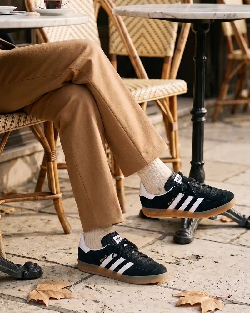 Adidas Gazelle Indoor noire portée à la terrasse d'un café parisien, visuel généré par IA